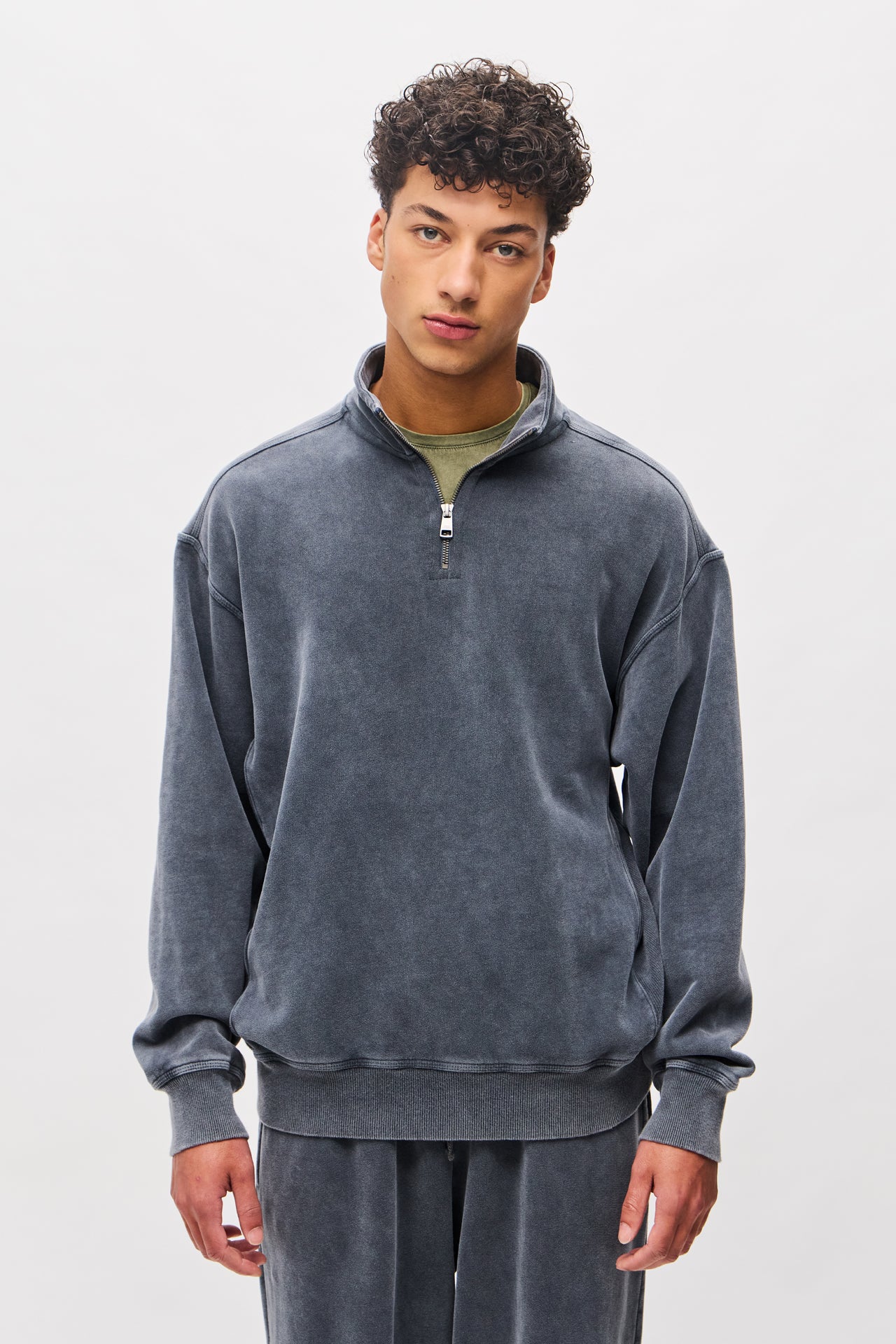 DROPPED SHOULDER HALF-ZIP CREWNECK-VINTAGE GREY