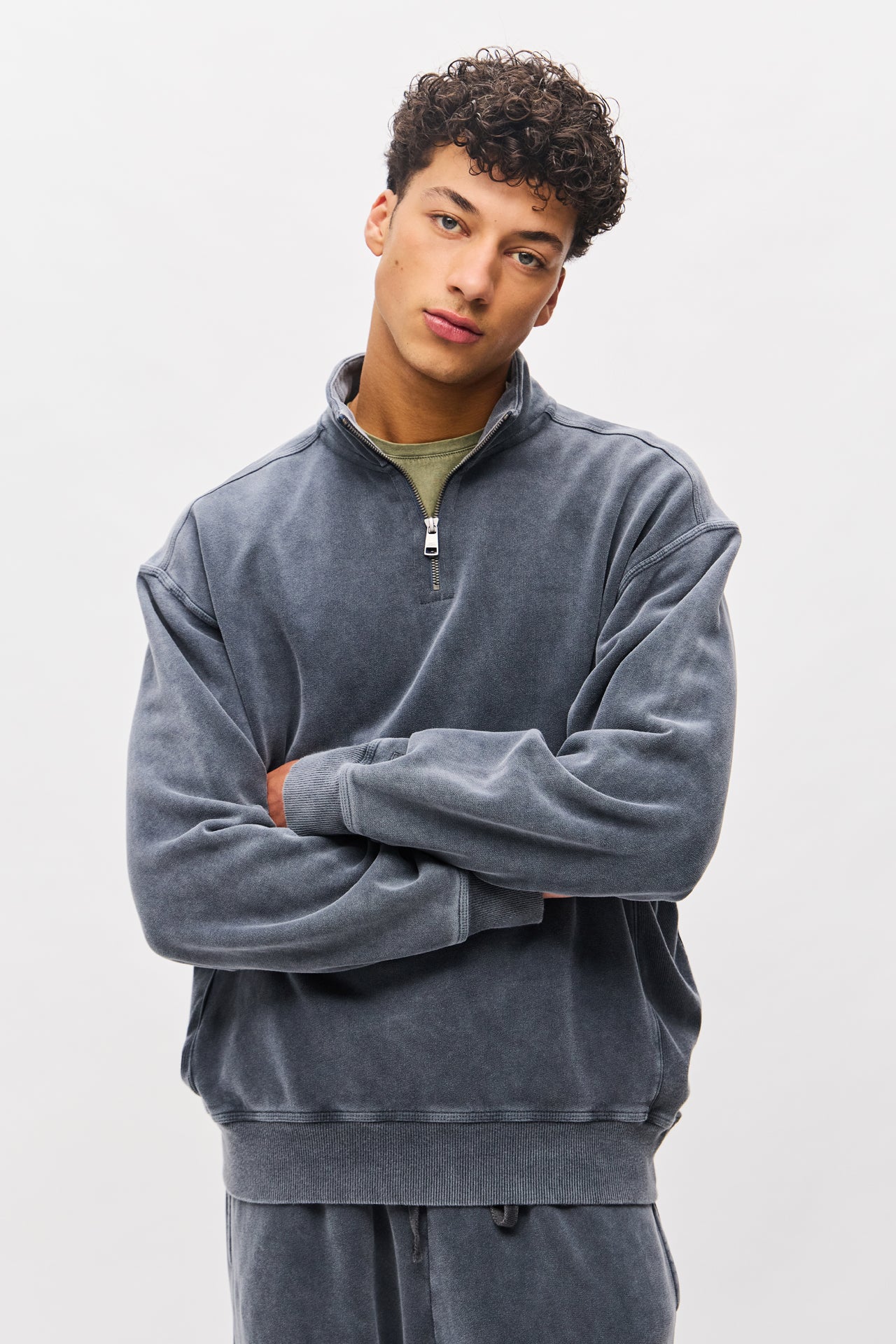 DROPPED SHOULDER HALF-ZIP CREWNECK-VINTAGE GREY